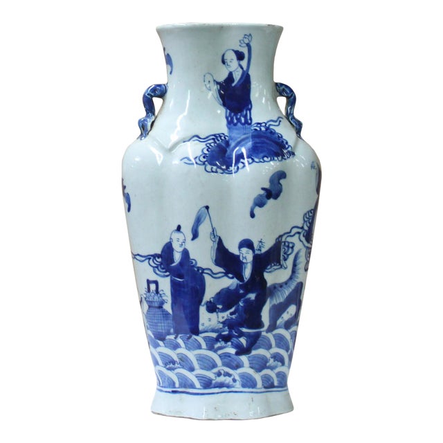 Chinese Blue White Porcelain Eight Immortal Graphic Flat Body Vase For Sale