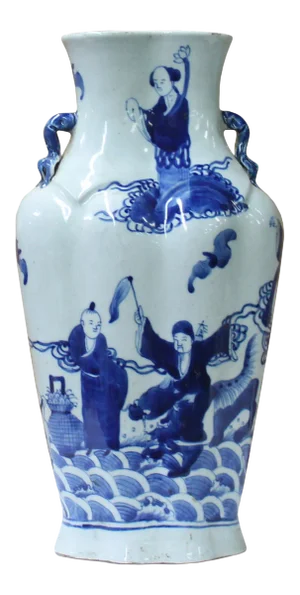 Chinese Blue White Porcelain Eight Immortal Graphic Flat Body Vase