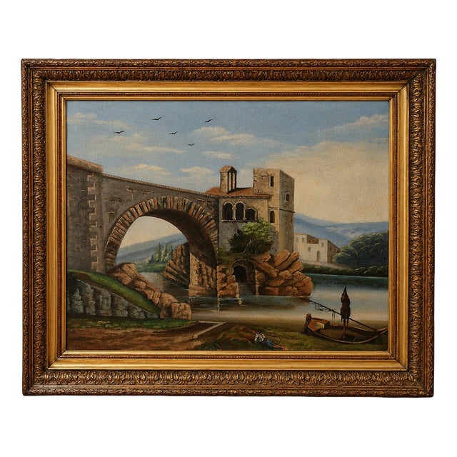 H. Nicolini, Lively Landscape with Stone Bridge, 19th Century, Oil Painting on Canvas For Sale