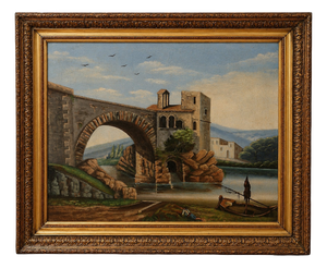 H. Nicolini, Lively Landscape with Stone Bridge, 19th Century, Oil Painting on Canvas
