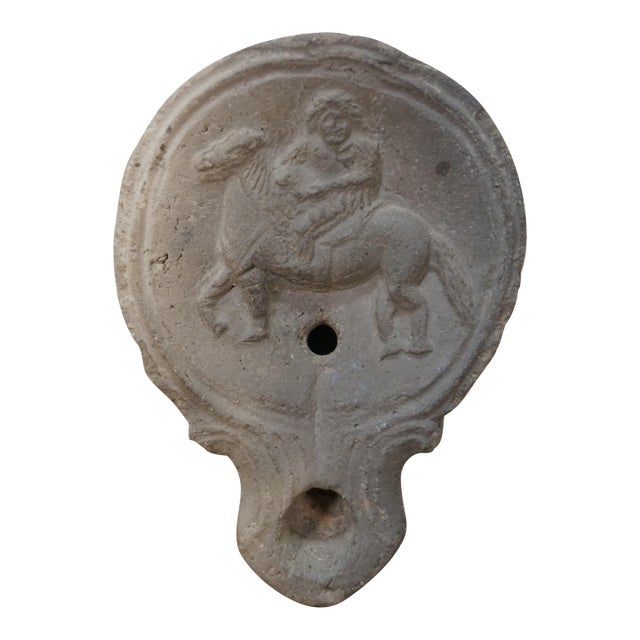 Ancient Antique Roman Terracotta Soldier on Horse Oil Lamp Vessel Egypt 4" For Sale