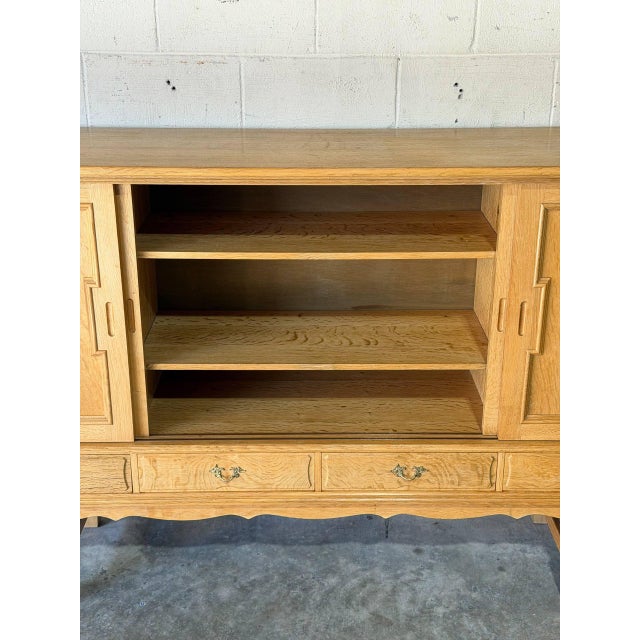 In Style of Henning Kjærnulf Oak High Sideboard Credenza With Sliding Leaded Glass Doors Danish Mid-Century Modern 1970s For Sale - Image 9 of 11