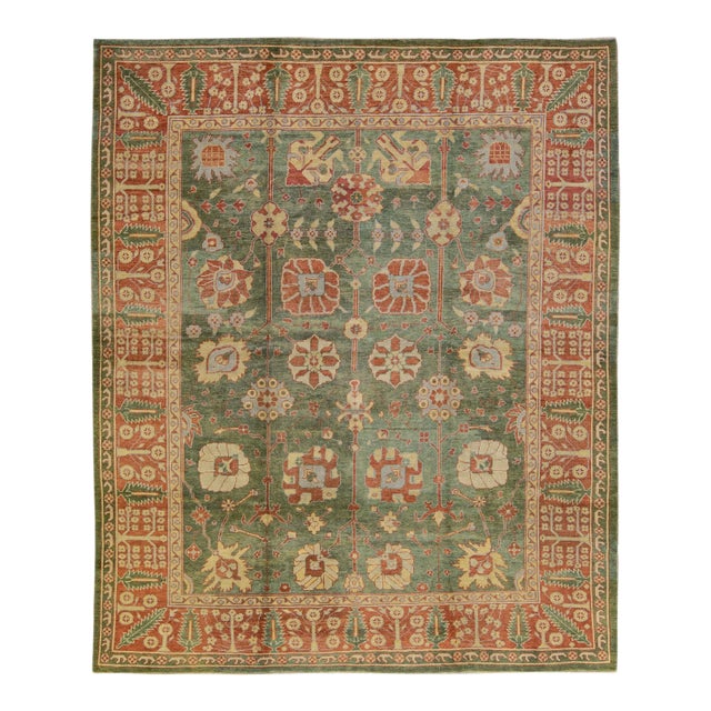 Modern Turkish Oushak Handmade Floral Motif Green Wool Rug For Sale