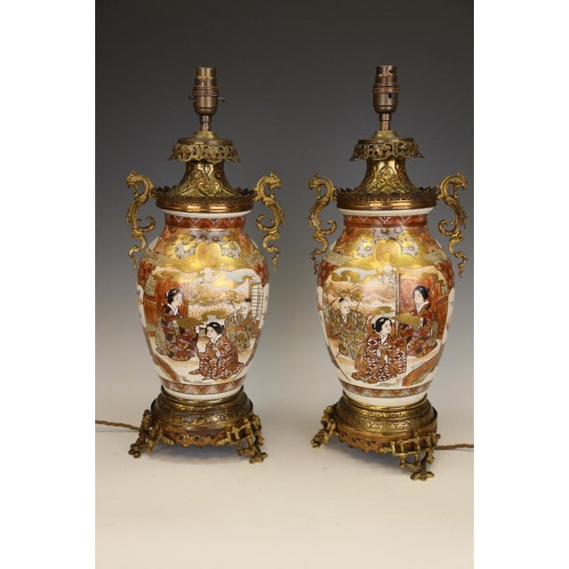 Large Japanese Satsuma Table Lamps in Gilt Bronze Ormolu Mounts, Meiji Period c.1880 by Unknown for Unknown, Set of 2 For Sale - Image 15 of 18