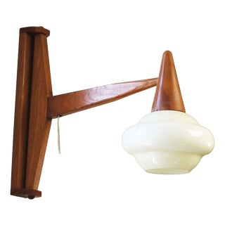 Mid-Century Wooden and Opaline Glass Wall Light, Czechoslovakia, 1960s For Sale