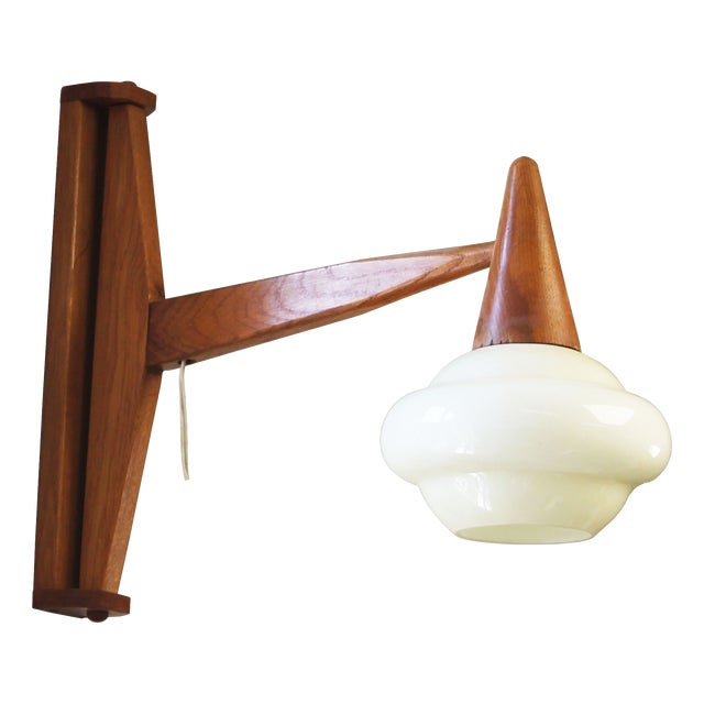Mid-Century Wooden and Opaline Glass Wall Light, Czechoslovakia, 1960s For Sale