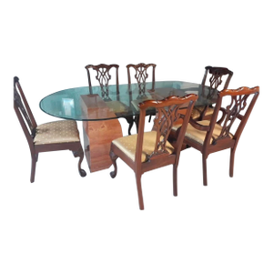 1980s Traditional Chippendale Style 7-Piece Dining Set With Oval Glass Top Table