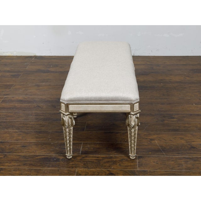 White Italian Midcentury Painted Bench with Silver Foliage Carved Legs and Upholstery For Sale - Image 8 of 11