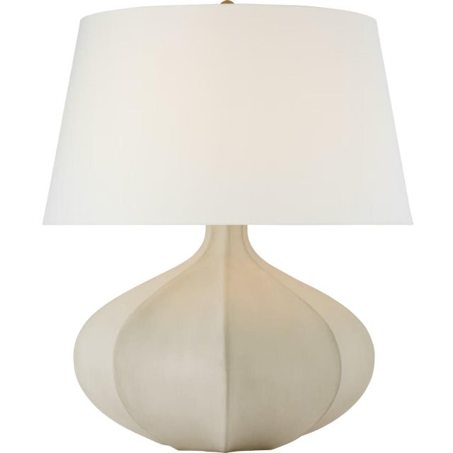 Transitional AERIN by Visual Comfort Signature Rana Medium Wide Table Lamp in Stone White with Linen Shade For Sale - Image 3 of 3