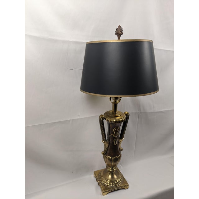 Late 20th Century Large Neoclassical Style Brass & Faux Burlwood Table Lamp With Black Shade – 34"h For Sale - Image 9 of 18