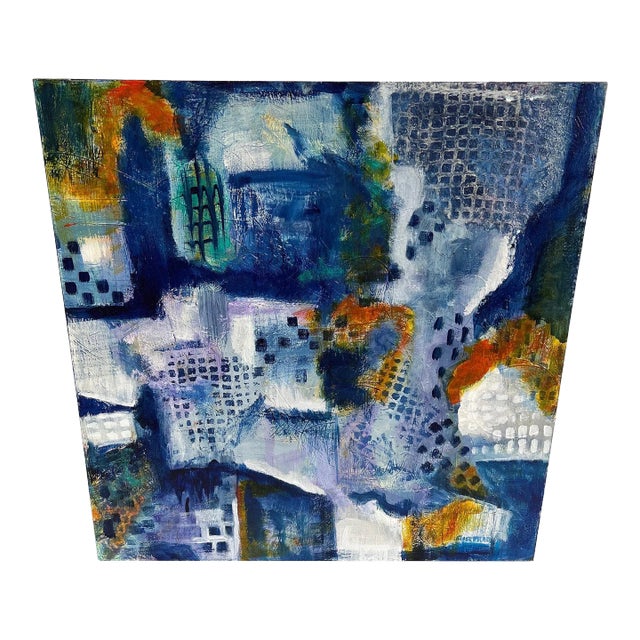 Large Blue Square Abstract Painting by Carol Bertrand For Sale