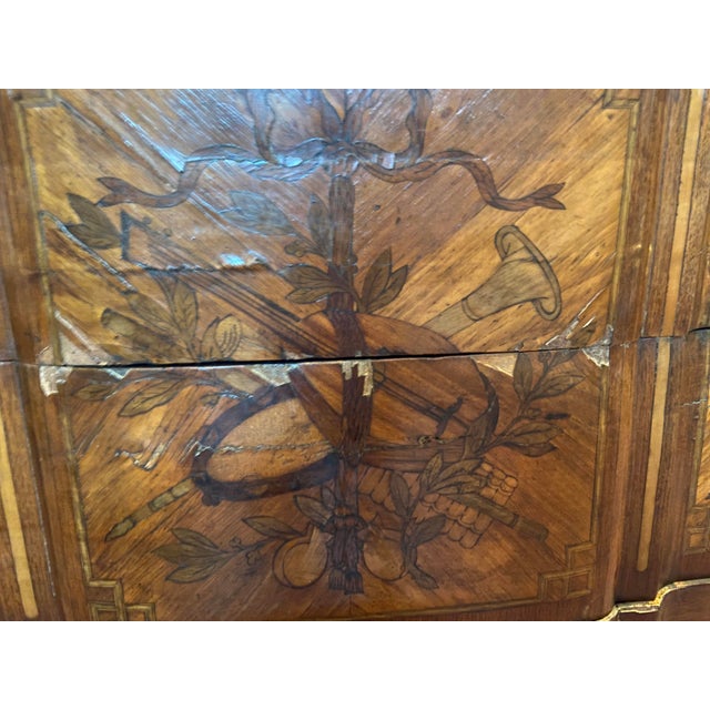 19th Century Antique French Louis XV - XVI Style Marble Top and Marquetry Inlaid Commode For Sale - Image 5 of 13