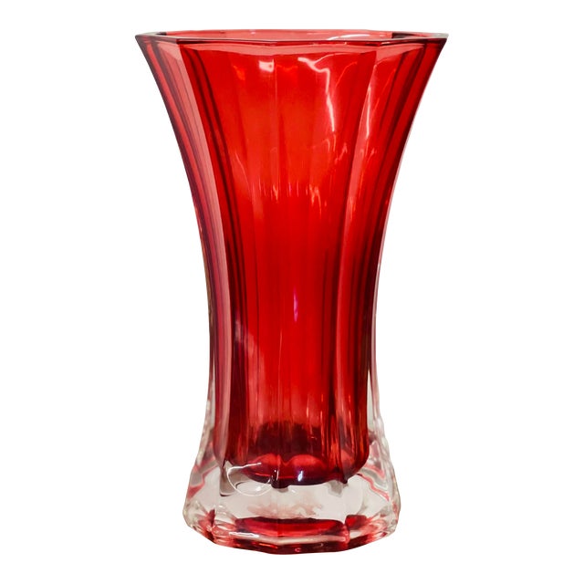 Vintage 1970’s Cranberry Fluted Glass Vase For Sale