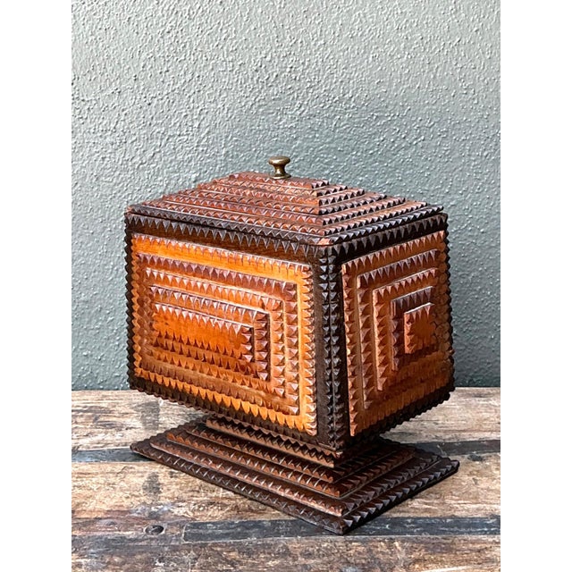 Vintage Tramp Art Wood Box on Pedestal For Sale - Image 12 of 17