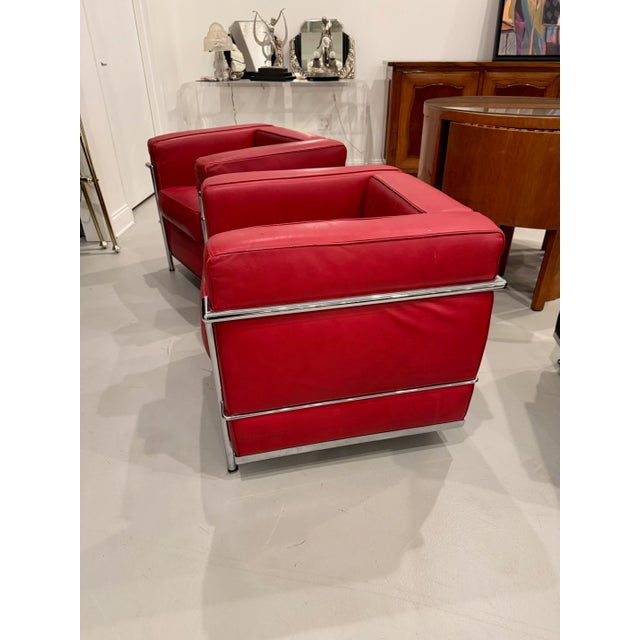 1970s Pair Of. Chrome and Red Leather Club Chair in the Style of Le Corbusier For Sale - Image 5 of 13