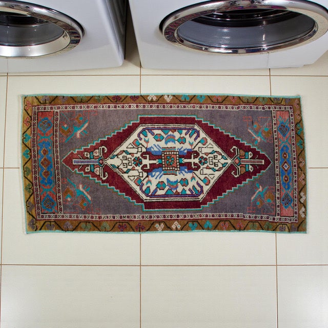 Vintage Turkish Hand-Knotted Small Rug / Doormat from Oushak, 1970, featuring warm burgundy and soft stone-gray tones and...