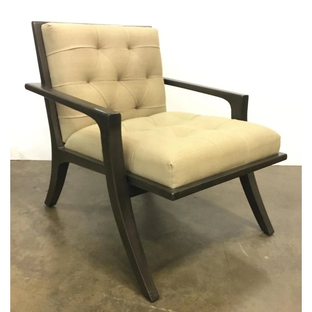 Noir Co. Mod Style Gray and Beige Lounge Chair, dark gray wood frame, beige tufted linen style upholstery, showroom floor...