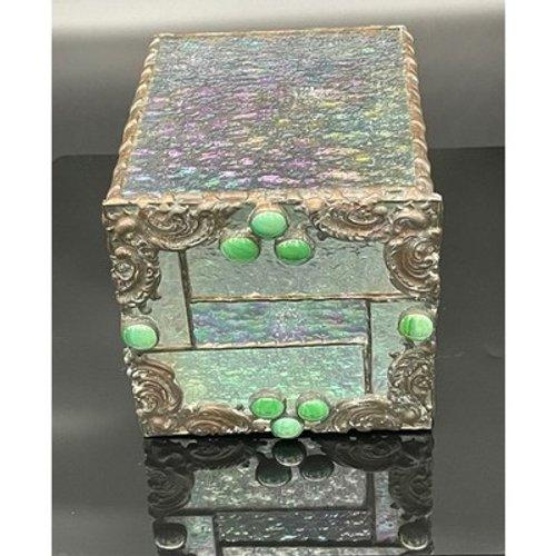 Neon Green Vintage Handmade Iridescent Stained Glass Tissue Box Cover Art Glass Decor For Sale - Image 8 of 15