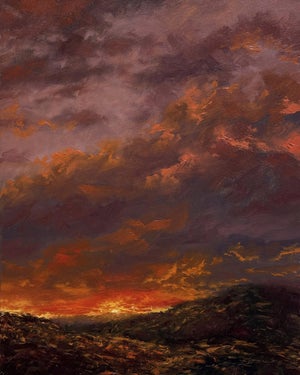 Night Opus by Sparky LeBold | Oil on Canvas Landscape with dramatic clouds and sunset.