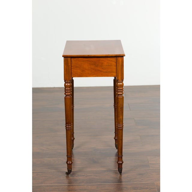 English 1820s Walnut Side Table with Single Drawer, Turned Legs and Casters For Sale - Image 4 of 12