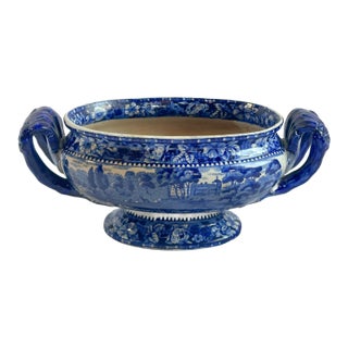 1930's Blue Staffordshire Transferware Euston Hall Pedestal Tureen For Sale