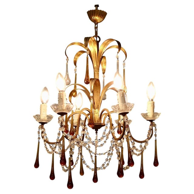 French Gilt Tolewear Chandelier with Amber Crystal Teardrops, 1910 For Sale - Image 9 of 9