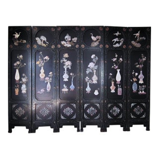 1900s Chinese Six-Panel Carved Hardstone Lacquered Coromandel Screen For Sale