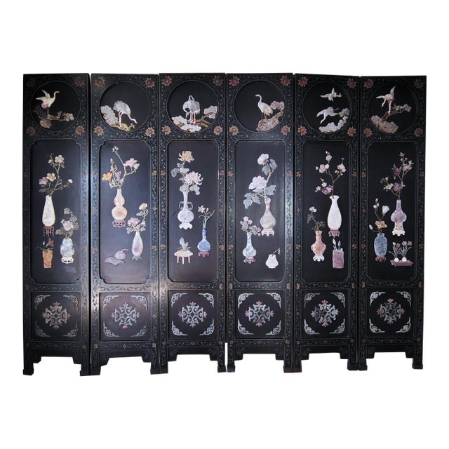 1900s Chinese Six-Panel Carved Hardstone Lacquered Coromandel Screen For Sale