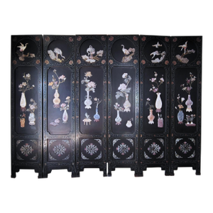 1900s Chinese Six-Panel Carved Hardstone Lacquered Coromandel Screen