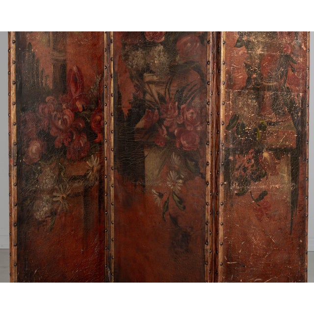 Vintage Spanish Baroque Painted Leather Folding Screen For Sale - Image 4 of 12