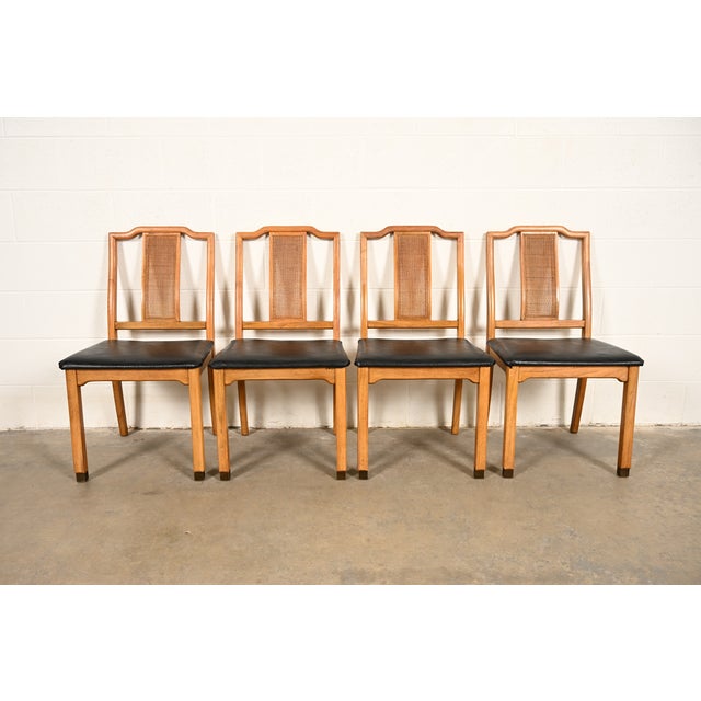 Baker Furniture Company Henredon Style Mid-Century Hollywood Regency Carved Walnut and Cane Dining Chairs, Set of Four For Sale - Image 4 of 16