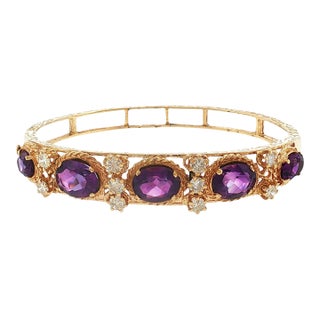 Mid-Century 13k Yellow Gold Amethyst and Diamond Hinged Bracelet For Sale
