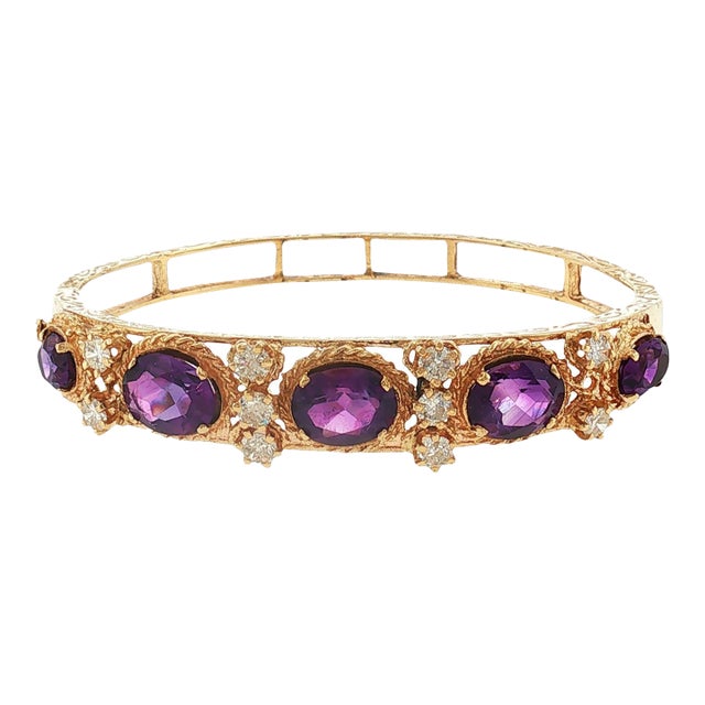 Mid-Century 13k Yellow Gold Amethyst and Diamond Hinged Bracelet For Sale