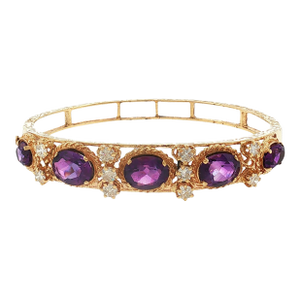 Mid-Century 13k Yellow Gold Amethyst and Diamond Hinged Bracelet