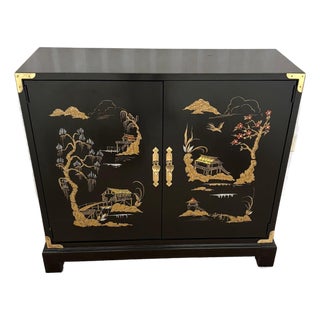 Black Lacquered Asian Painted 2-Door Chest / Cabinet For Sale