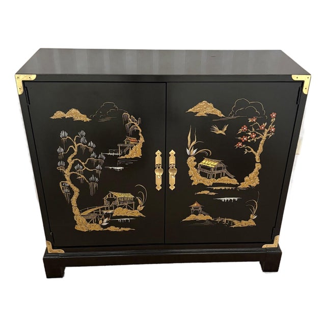 Black Lacquered Asian Painted 2-Door Chest / Cabinet For Sale