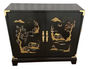 Black Lacquered Asian Painted 2-Door Chest / Cabinet