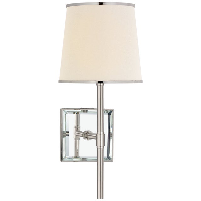 Kate Spade New York for Visual Comfort Signature Bradford Medium Sconce in Polished Nickel & Mirror with Cream Linen Shade with Polished Nickel For Sale