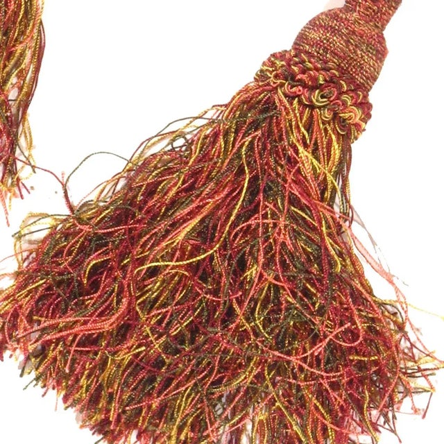 A pair of vintage double tassel tie-backs in hand-tied magenta, yellow gold ,Rust and viridian silk threads. Purchased in...