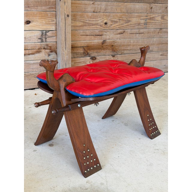 Vintage Carved Boho Camel Saddle Stool or Ottoman With Brass Studded Legs For Sale In Naples, FL - Image 6 of 12