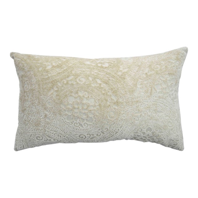 FirmaMenta Italian Cream Lace Linen Velvet Lumbar Pillow For Sale