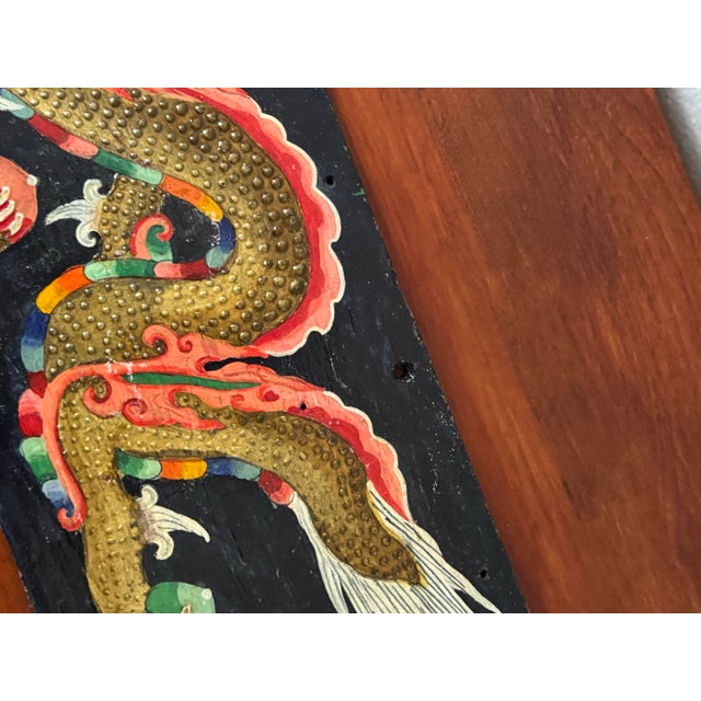 Black Vintage Asian Dragon Painting on Reclaimed 1972 Military Ammunition Crate Panel - Hand-Painted Relief Folk Art Wall Decor For Sale - Image 8 of 12