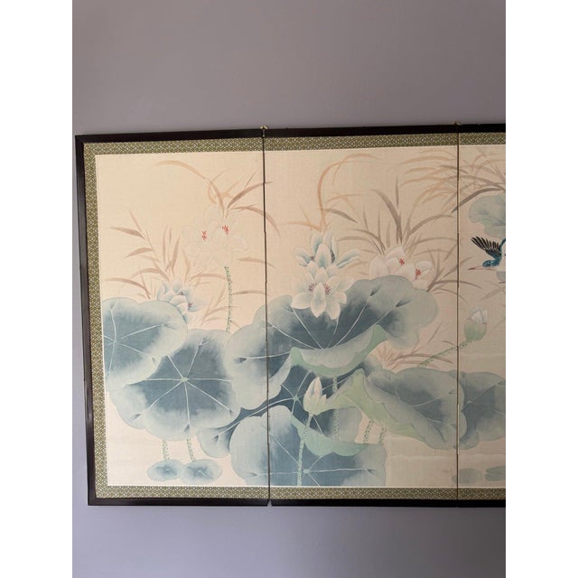 Japanese Style Four-Panel Hand-Painted Silk Folding Screen With Lotus and Kingfishers For Sale - Image 4 of 4