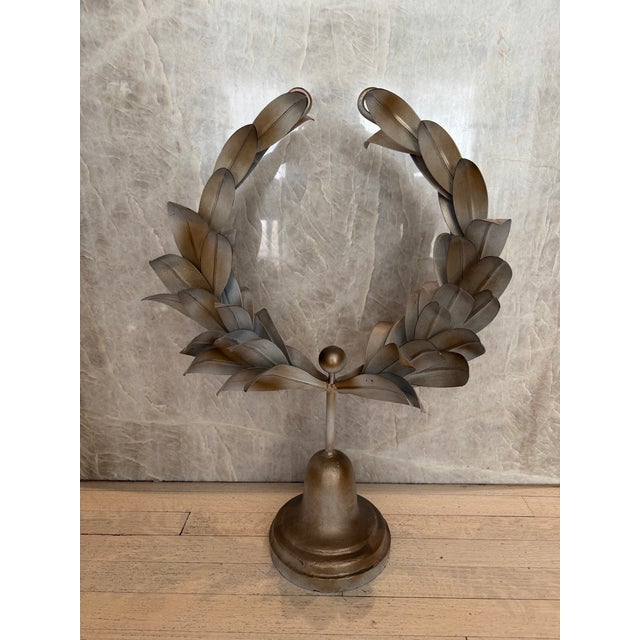 Palm Beach estate sale find stunning covered outdoor/indoor vintage gray and soft gold patina finish tole wreath on...