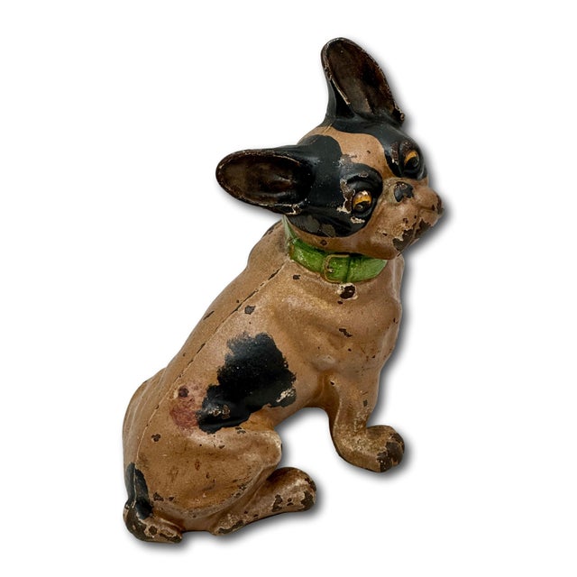 Hubley Manufacturing Company Vintage 1930s Hubley Manufacturing Co. Cast Iron French Bulldog Doorstop Unusual Green Collar For Sale - Image 4 of 18