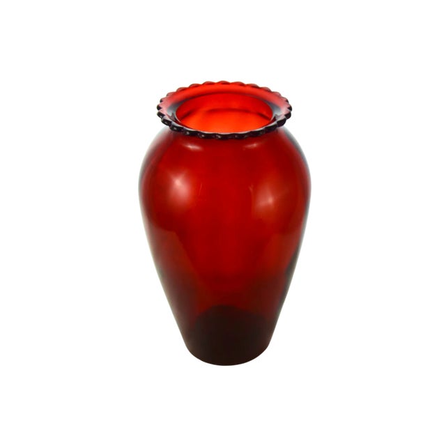 Tall nine inch vintage deep ruby red glass vase with a scallop rim. Rich deep red bowl makes a beautiful pop of red to...
