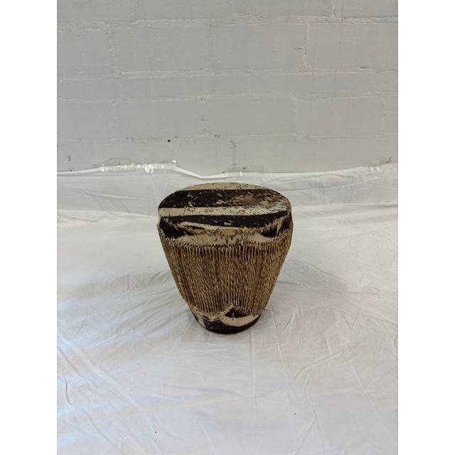 Wood Vintage African Tribal Animal Hide Drum With Woven Fiber Body For Sale - Image 7 of 8