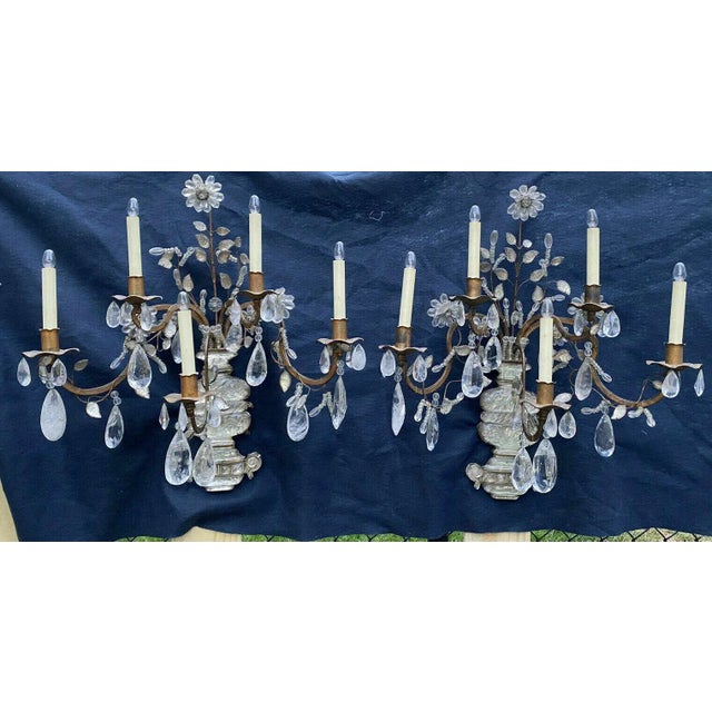 1930s 1930's Monumental Regency Maison Bagues Rock Crystal 5 Light Floral Wall Sconces a - Pair For Sale - Image 5 of 12