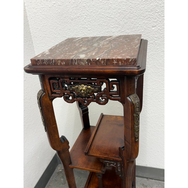 Chinoiserie Carved Wood Tiered Marble Top Stand, Vintage For Sale In San Francisco - Image 6 of 12
