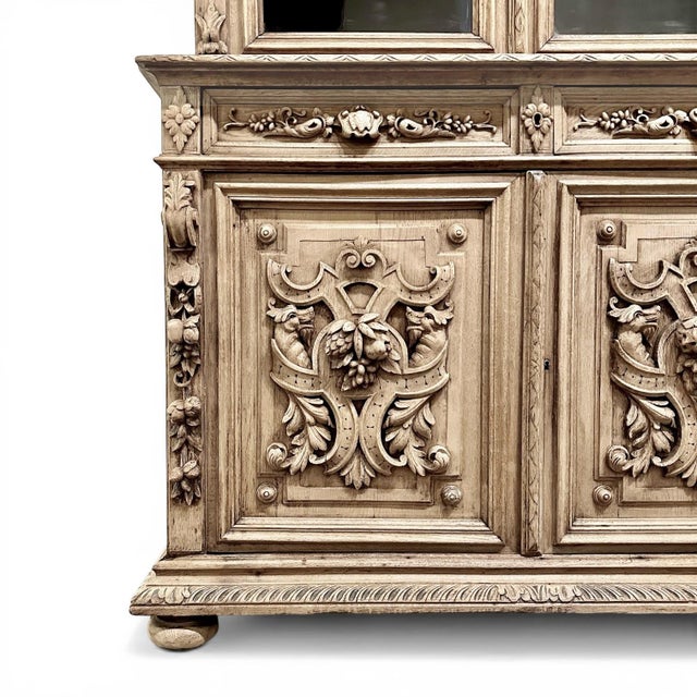 19th Century French Renaissance Revival Carved Oak Bookcase ~ Cabinet in Stripped Oak For Sale - Image 11 of 16